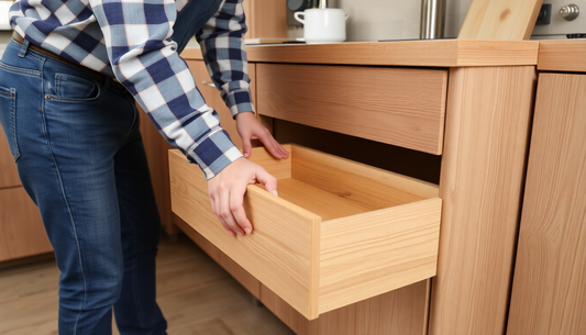 A person installing a wooden kitchen drawer cabinet