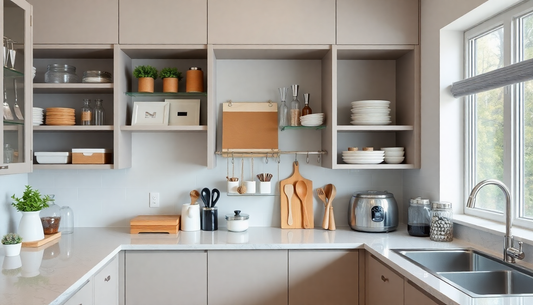 Organized kitchen cabinets with stylish accessories and clean surfaces