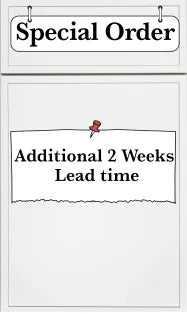 Special order notice indicating an additional 2 weeks lead time for slim shaker oatmeal kitchen cabinets