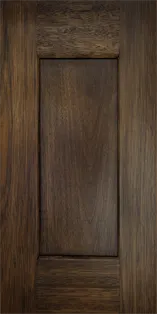 Close-up of Liberty Shaker Tobacco kitchen cabinets showcasing rich brown wood grain and sleek design