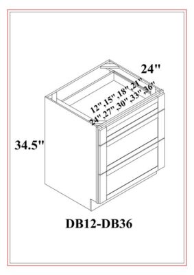 TekCabinet shaker white 3 drawer base cabinet with dimensions 24 inches wide and 34.5 inches tall